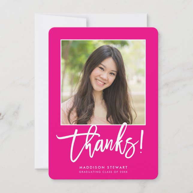 GRAD THANKS chic photo simple calligraphy hot pink Thank You Card (Front)