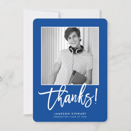 GRAD THANKS minimal photo simple script royal blue Thank You Card