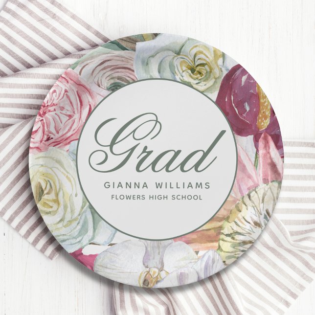 Grad Watercolor Floral Elegant Modern Graduation Paper Plates (Creator Uploaded)