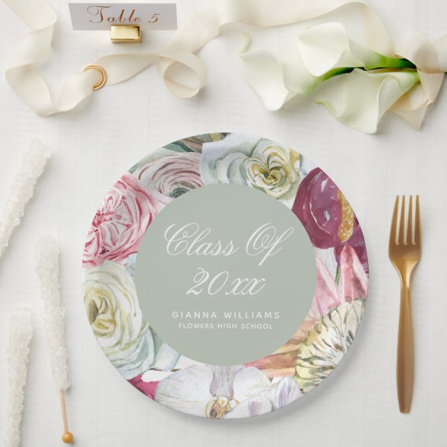 Grad Watercolor Floral Elegant Modern Graduation Paper Plates (Wedding)