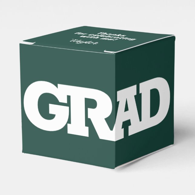 GRAD White and Dark Green Graduation Party Favor Boxes (Front Side)
