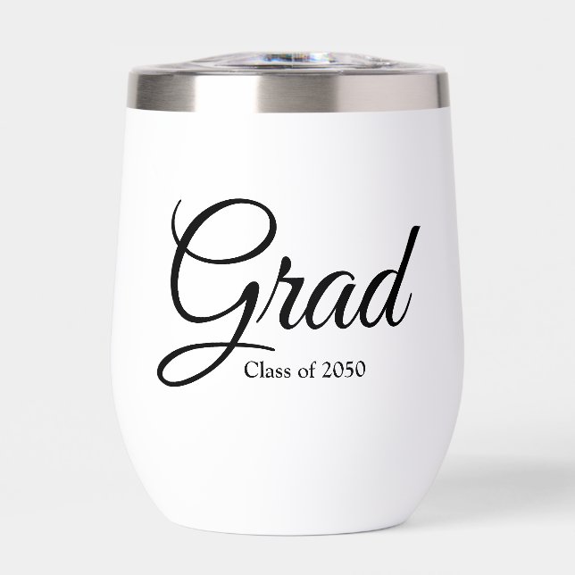 Grad white black custom script class year elegant thermal wine tumbler (Front)