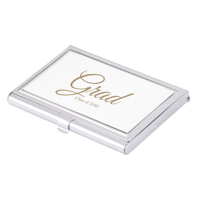 Grad white gold custom script class year elegant business card case (Front)