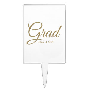 Grad white gold custom script class year elegant cake topper