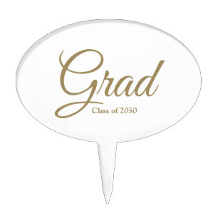 Grad white gold custom script class year elegant cake topper