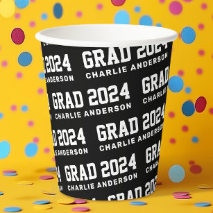 Grad year 2024 graduate name black white paper cups