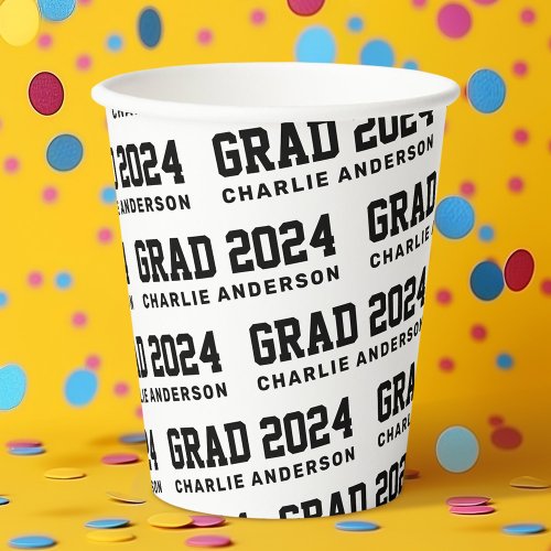 Grad year 2024 graduate name black white paper cups