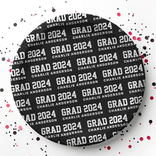 Grad year 2024 graduate name black white paper plates