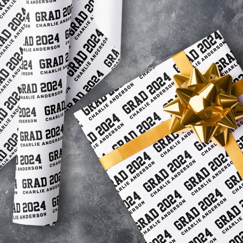Grad year 2024 graduate name black white wrapping paper