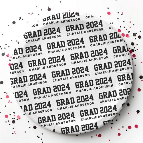 Grad year 2024 graduate name white black paper plates