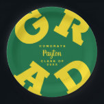 GRAD Yellow on Green Custom Graduation Plates<br><div class="desc">GRAD in bold yellow lettering curves around the edges of these green background graduation party paper plates - available in 2 sizes. Congratulations above the name of your graduate and the Class of below. The perfect addition to your table decor for upcoming grad parties. CHANGE THE COLORS to anything! **TIP:...</div>