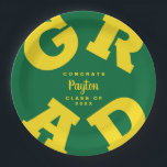 GRAD Yellow on Green Custom Graduation Plates<br><div class="desc">GRAD in bold yellow lettering curves around the edges of these green background graduation party paper plates - available in 2 sizes. Congratulations above the name of your graduate and the Class of below. The perfect addition to your table decor for upcoming grad parties. CHANGE THE COLORS to anything! **TIP:...</div>