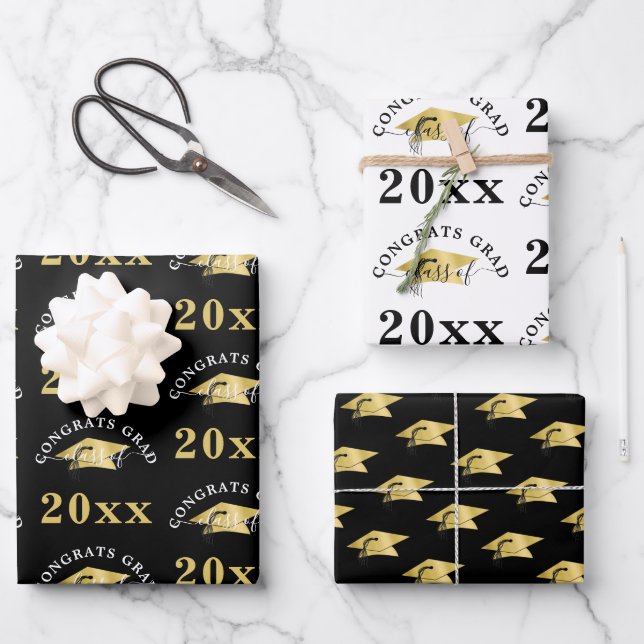 Gradation Modern Gold Foil Cap Class Year Black Wrapping Paper Sheets (Front)