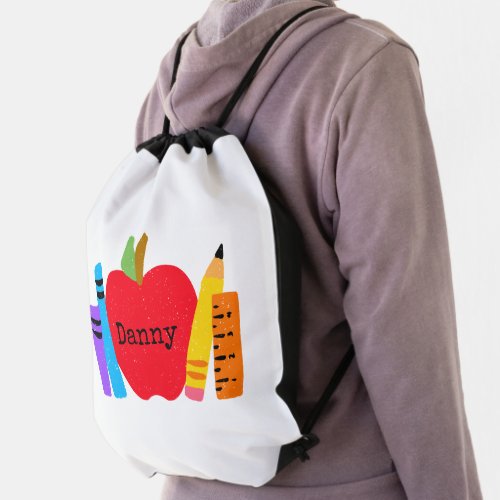Grade School Kids NAME Apple Books Student Fun Drawstring Bag