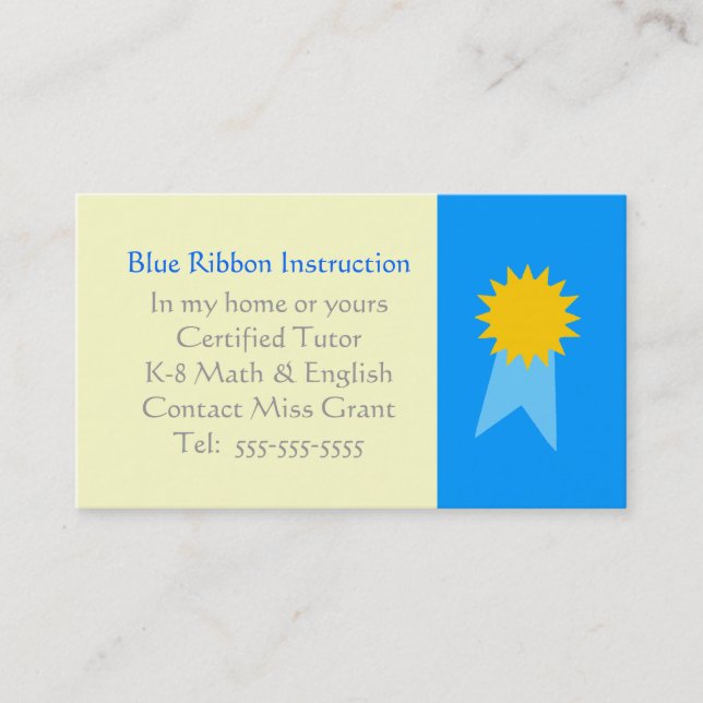 Grade School Tutor Blue Ribbon Template Business Card (Front)