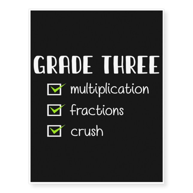 Grade Three Multiplication Fractions Crush Temporary Tattoos (Front)