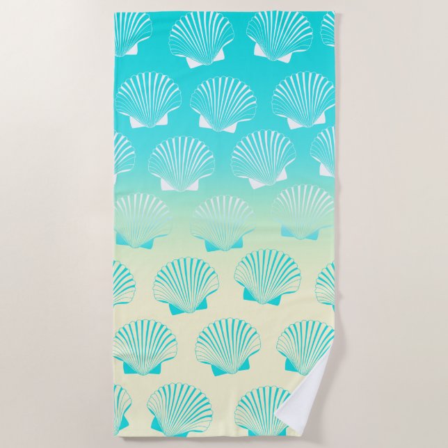 Gradient aqua blue and yellow seashell pattern beach towel (Front)