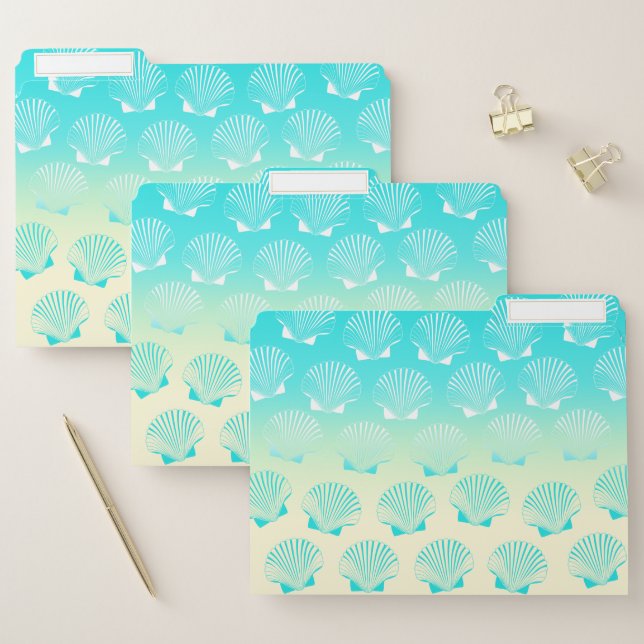Gradient aqua blue and yellow seashell pattern file folder (Set)