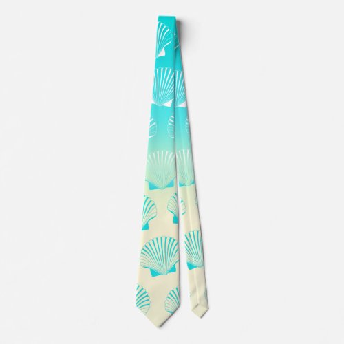Gradient aqua blue and yellow seashell pattern neck tie