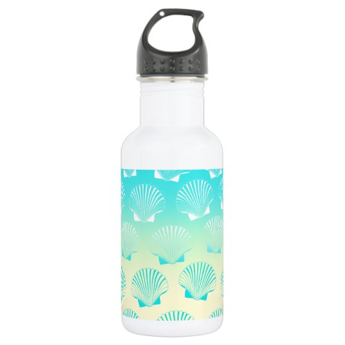 Gradient aqua blue and yellow seashell pattern stainless steel water bottle