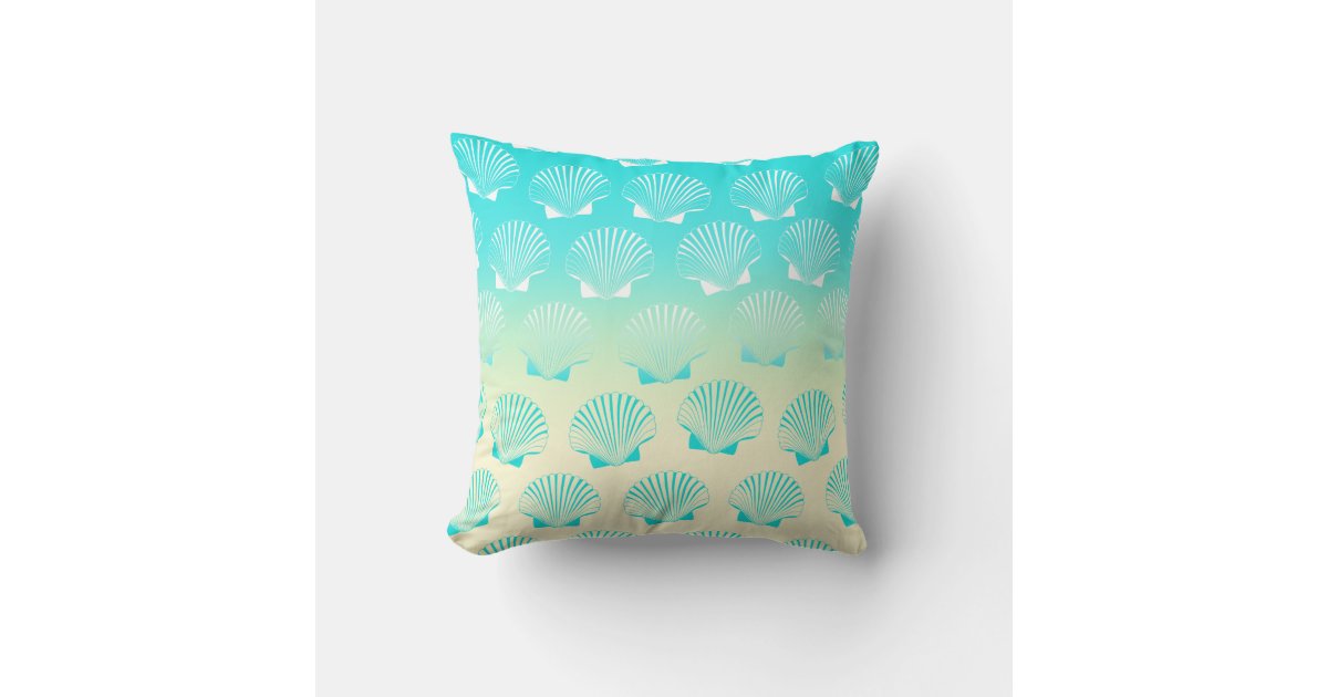 Gradient aqua blue and yellow seashell pattern throw pillow | Zazzle
