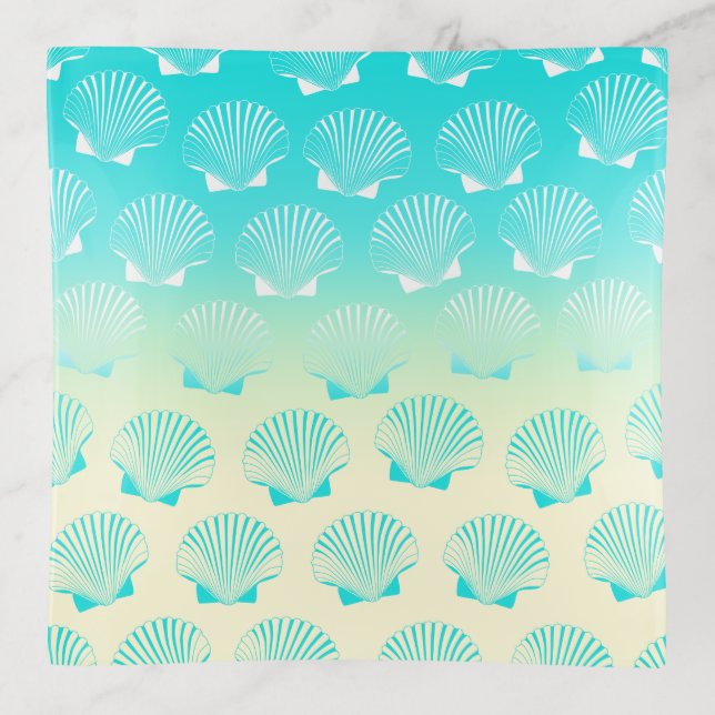 Gradient aqua blue and yellow seashell pattern trinket tray (Front)