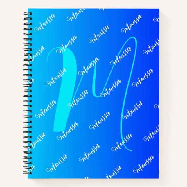 Gradient Aqua & Blue Color - Name Monogrammed Notebook (Front)