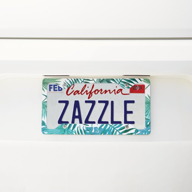 Gradient azure watercolor tropical leaves license plate frame (On Car)