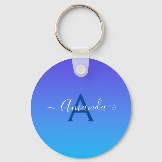 Gradient Blue elegant Monogram and name Keychain (Front)