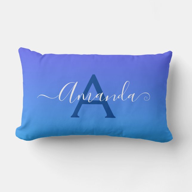 Gradient Blue elegant Monogram and name Lumbar Pillow (Front)