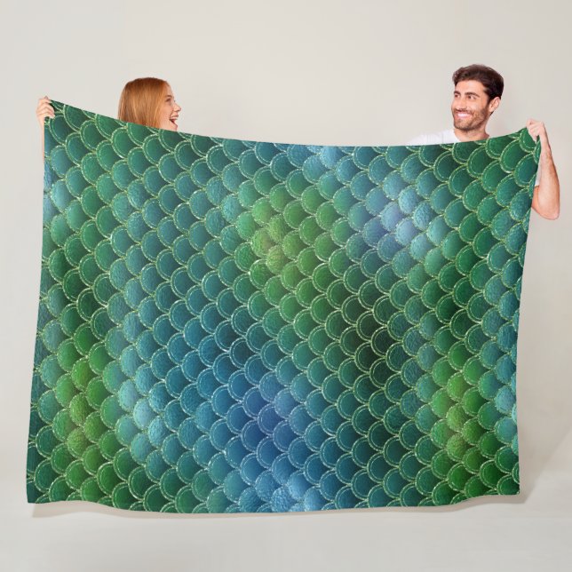 Gradient Blue Green Mermaid Scale  Fleece Blanket (In Situ)