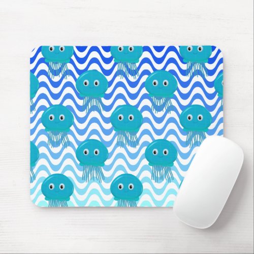 Gradient Blue Waves And Jellyfish Pattern Mouse Pad