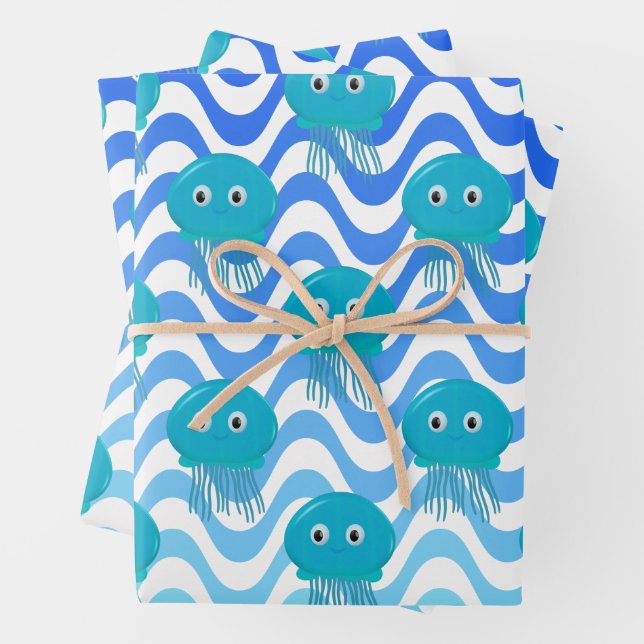 Gradient Blue Waves And Jellyfish Pattern Wrapping Paper Sheets (In situ)