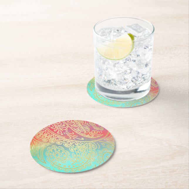 Gradient Colorful and Gold Round Paper Coaster (Insitu)
