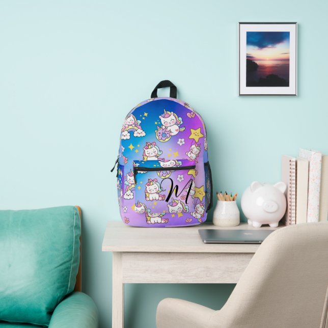 Gradient Custom Monogram Topography Cute Unicorns Printed Backpack (Insitu)