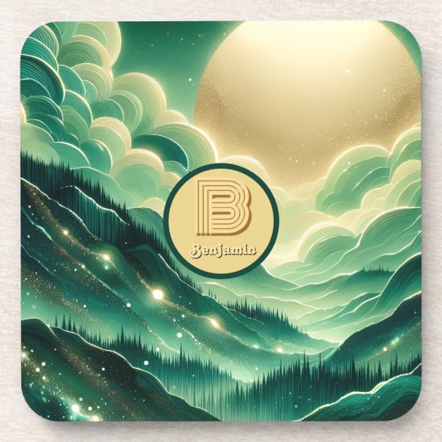 Gradient Emerald Kelly Green Glitter Monogrammed Beverage Coaster (Front)