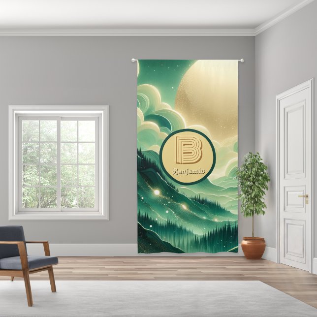 Gradient Emerald Kelly Green Glitter Monogrammed Blackout Curtains (Wide)