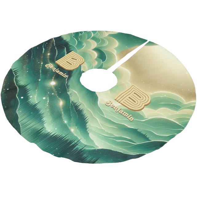 Gradient Emerald Kelly Green Glitter Monogrammed Brushed Polyester Tree Skirt (Angled)