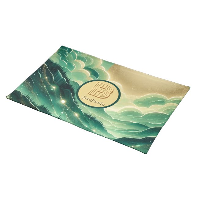 Gradient Emerald Kelly Green Glitter Monogrammed Cloth Placemat (On Table)