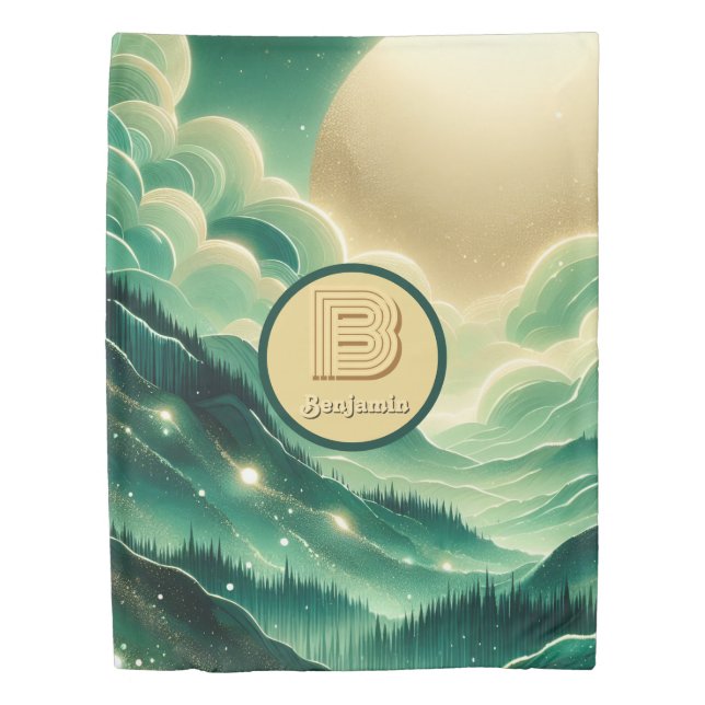 Gradient Emerald Kelly Green Glitter Monogrammed Duvet Cover (Front)