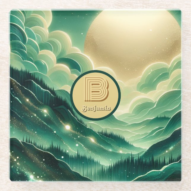 Gradient Emerald Kelly Green Glitter Monogrammed Glass Coaster (Front)