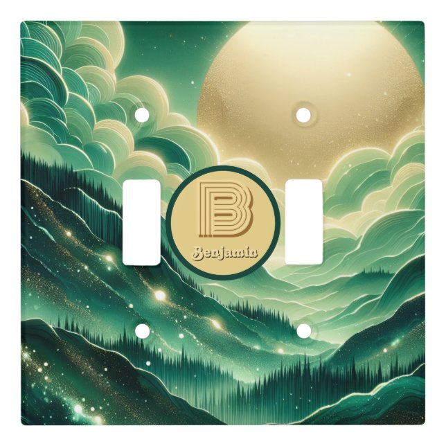 Gradient Emerald Kelly Green Glitter Monogrammed Light Switch Cover (Front)