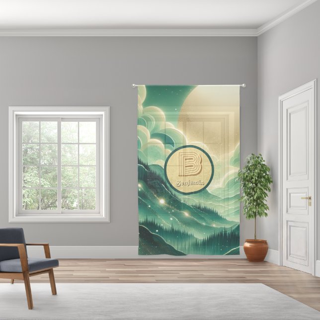 Gradient Emerald Kelly Green Glitter Monogrammed Sheer Curtains (Wide)