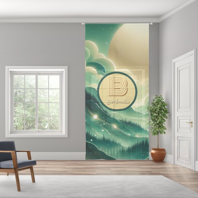 Gradient Emerald Kelly Green Glitter Monogrammed Sheer Curtains (Wide)