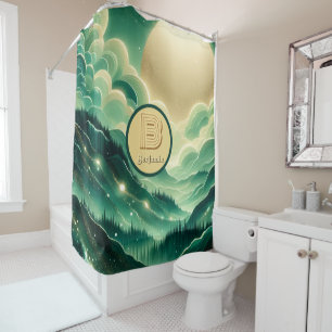 Gradient Emerald Kelly Green Glitter Monogrammed Shower Curtain