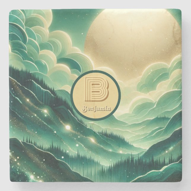 Gradient Emerald Kelly Green Glitter Monogrammed Stone Coaster (Front)