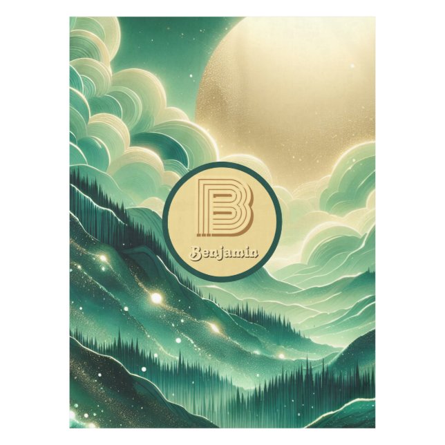 Gradient Emerald Kelly Green Glitter Monogrammed Tablecloth (Front)