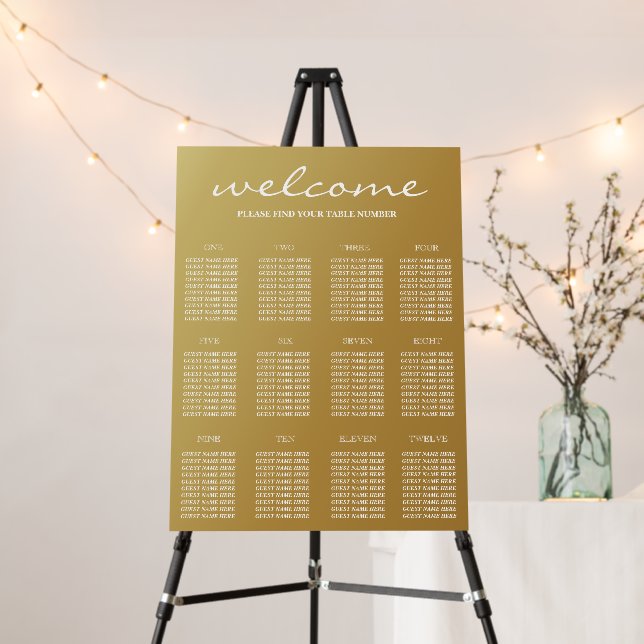 Gradient Gold Wedding 12 Table Seating Chart Foam Board (In Situ (Stand))