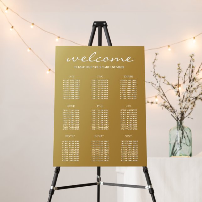 Gradient Gold Wedding 9 Table Seating Chart Foam Board (In Situ (Stand))