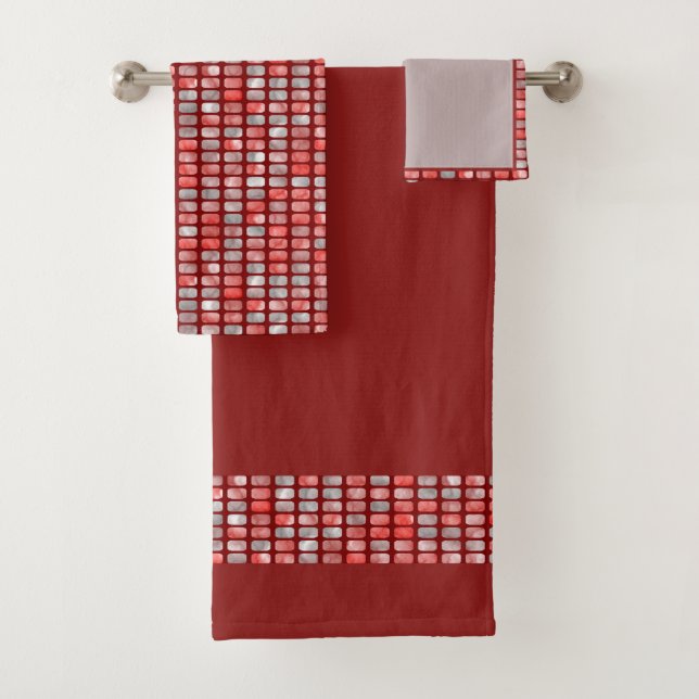Gradient gray and red small blocks pattern bath towel set (Insitu)